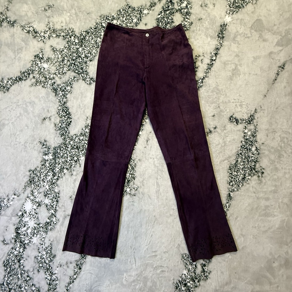 Philippe Adec Paris Pants Womens Size 6 Purple Suede Leather Laser Cut Print Hem